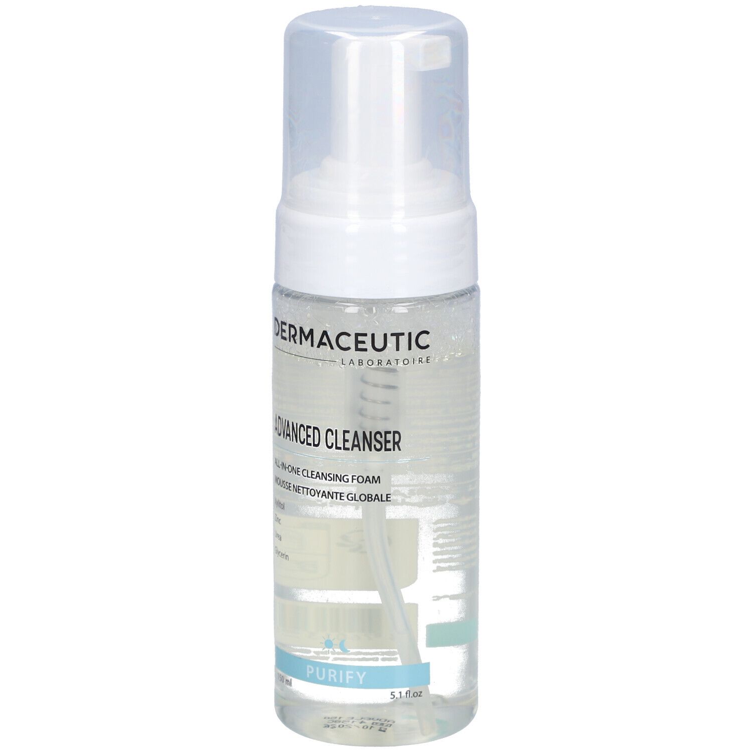 Klare Flasche mit weißem Pumpkopf. Beschriftung: Dermaceutic, Advanced Cleanser, All-in-one Cleansing Foam. Inhaltsstoffe: Xylitol, Zink, Urea, Glycerin.