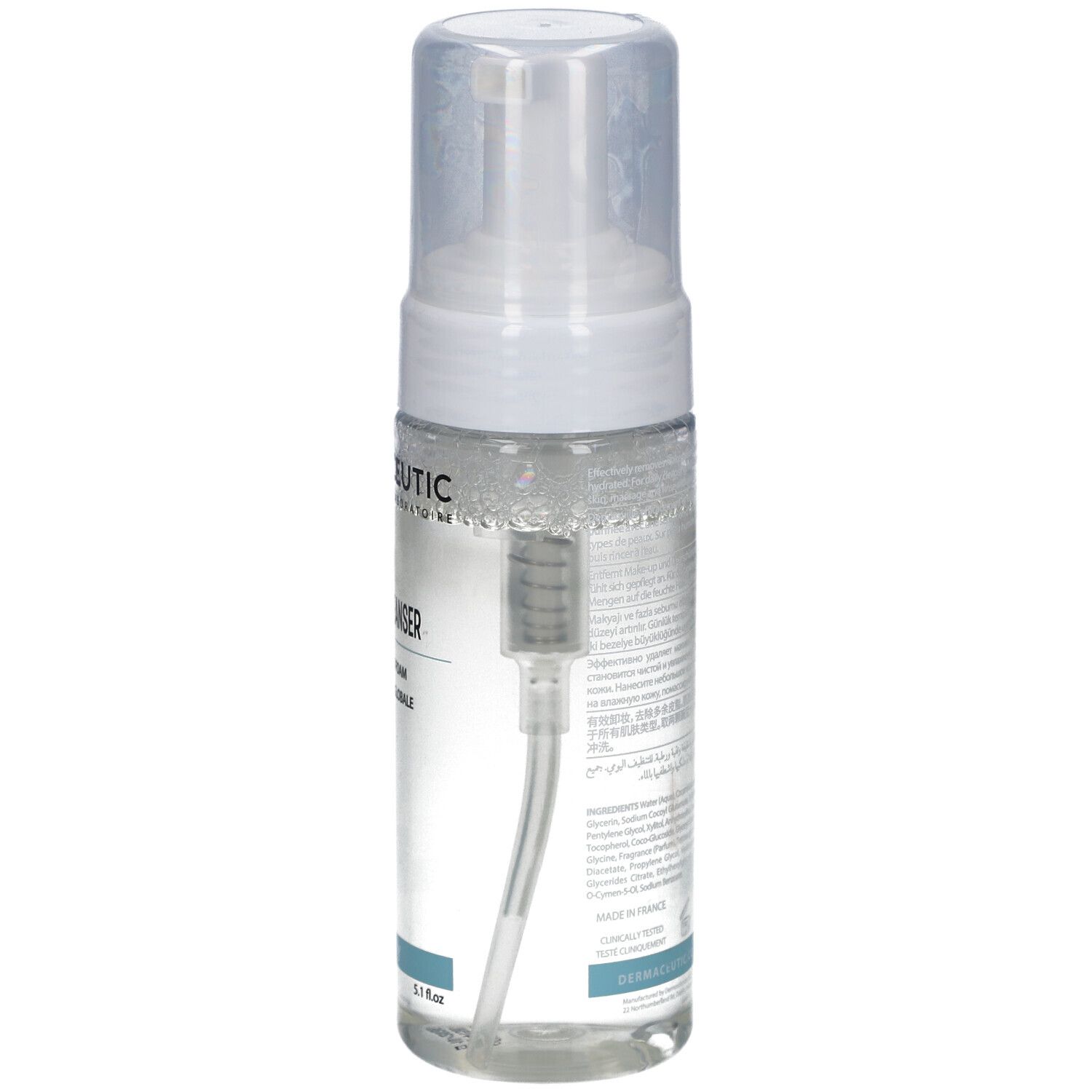 Transparente Flasche mit weißem Pumpkopf. Beschriftung: Dermaceutic, Advanced Cleanser. Rückseite mit Text.