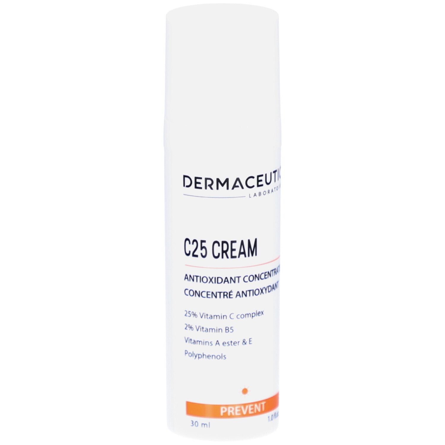 Weiße Flasche mit Produktinformationen. Aufschrift: Dermaceutic, C25 Cream, Antioxidant Concentrate. Orangefarbener Streifen mit PREVENT.