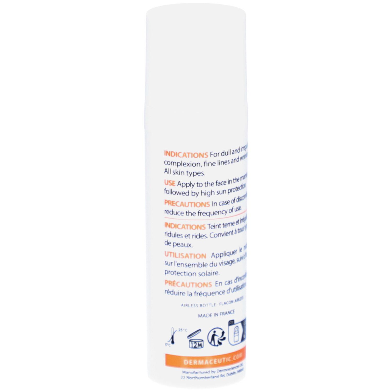 Weiße Flasche mit Produktinformationen. Aufschrift: Dermaceutic, C25 Cream. Text in Englisch und Französisch. Orangefarbener Streifen.