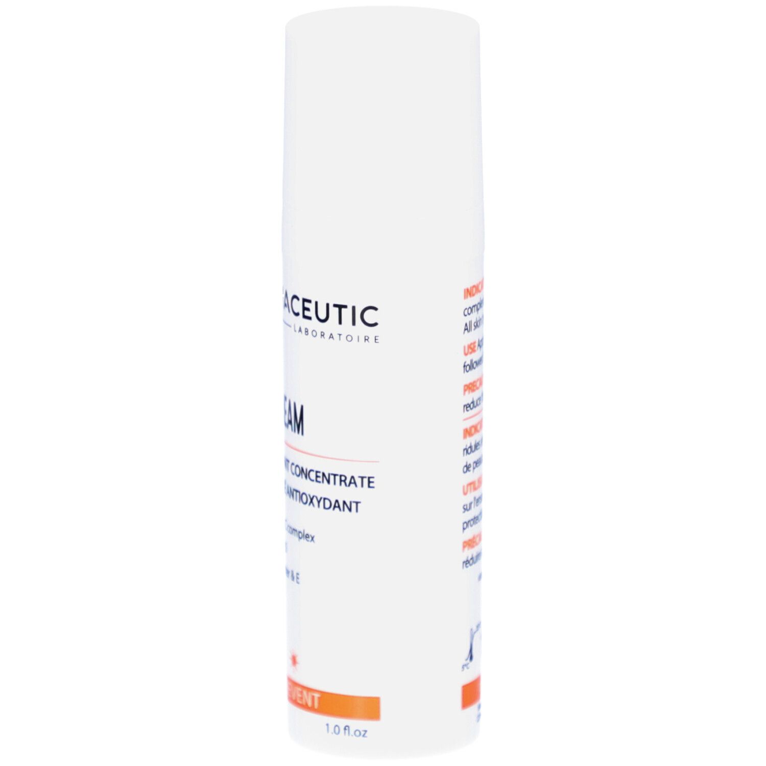 Weiße Flasche mit Produktinformationen. Aufschrift: Dermaceutic, C25 Cream, Antioxidant Concentrate. Orangefarbener Streifen mit PREVENT.