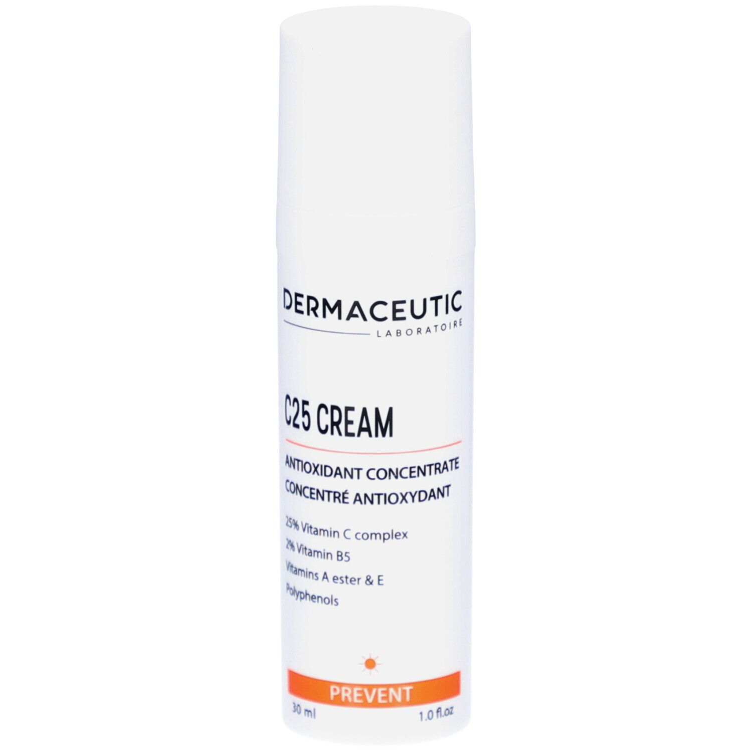 Weiße Flasche mit Produktinformationen. Aufschrift: Dermaceutic, C25 Cream, Antioxidant Concentrate. Orangefarbener Streifen mit PREVENT.