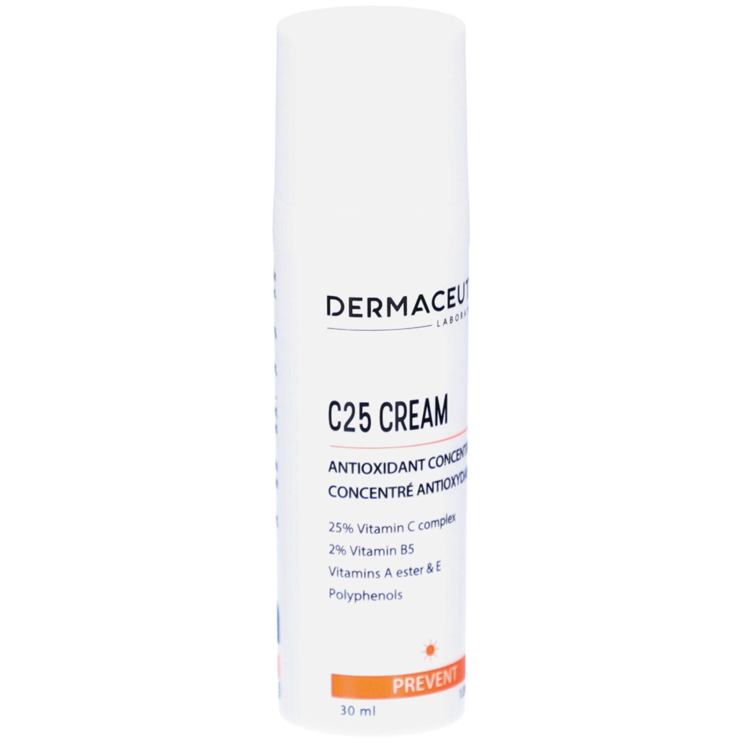 Weiße Flasche mit Produktinformationen. Aufschrift: Dermaceutic, C25 Cream, Antioxidant Concentrate. Orangefarbener Streifen mit PREVENT.