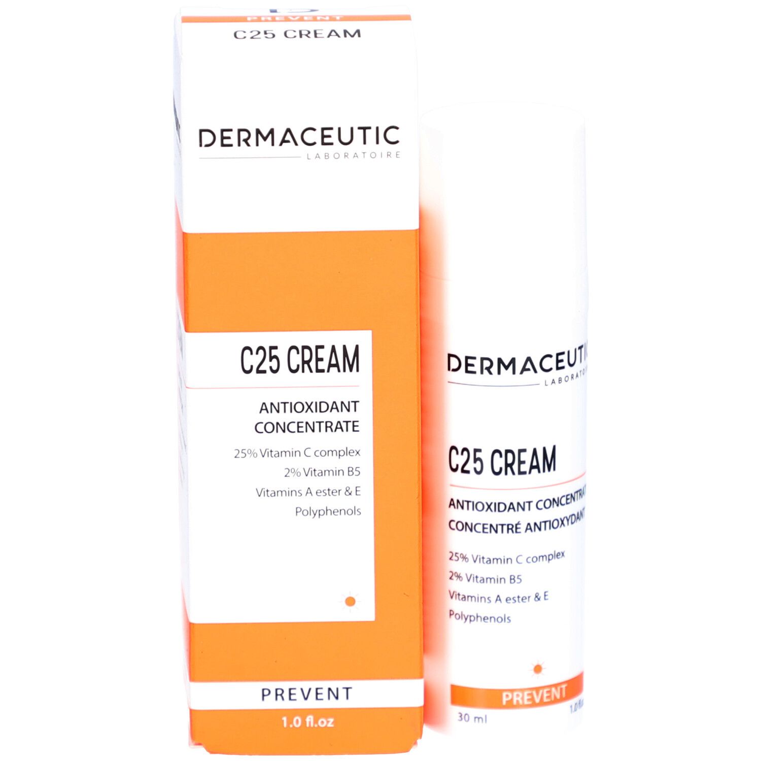 Produktverpackung und Flasche. Aufschrift: Dermaceutic, C25 Cream, Antioxidant Concentrate. Orangefarbener Streifen mit PREVENT.