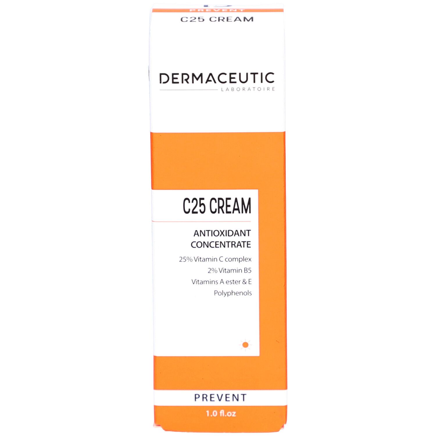 Produktverpackung. Aufschrift: Dermaceutic, C25 Cream, Antioxidant Concentrate. Orangefarbener Streifen mit PREVENT.