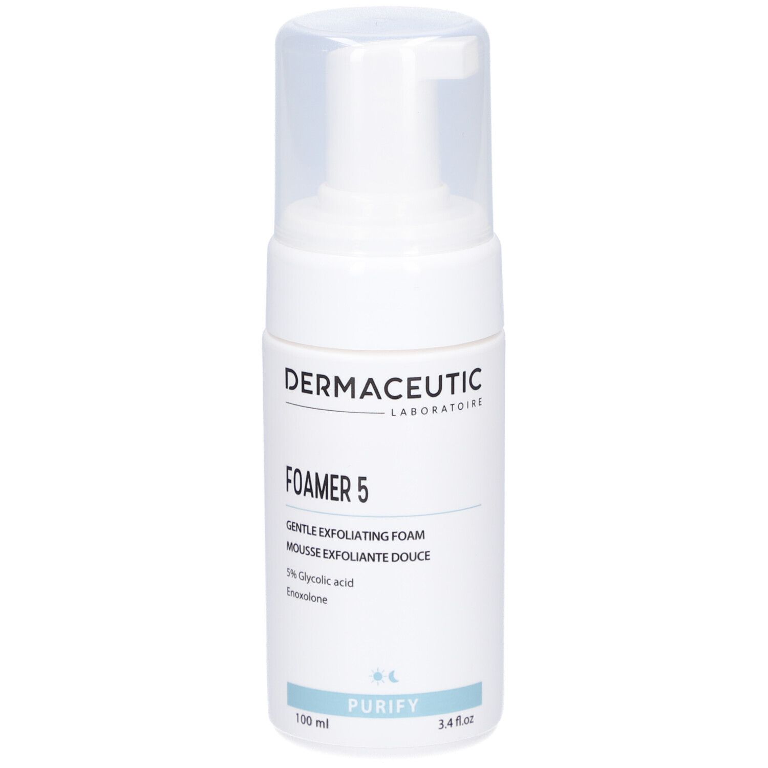 Weißer Reinigungsschaum mit Sprühkopf. Aufschrift: Dermaceutic, Foamer 5, 5% Glykolsäure. Blaue Akzente.