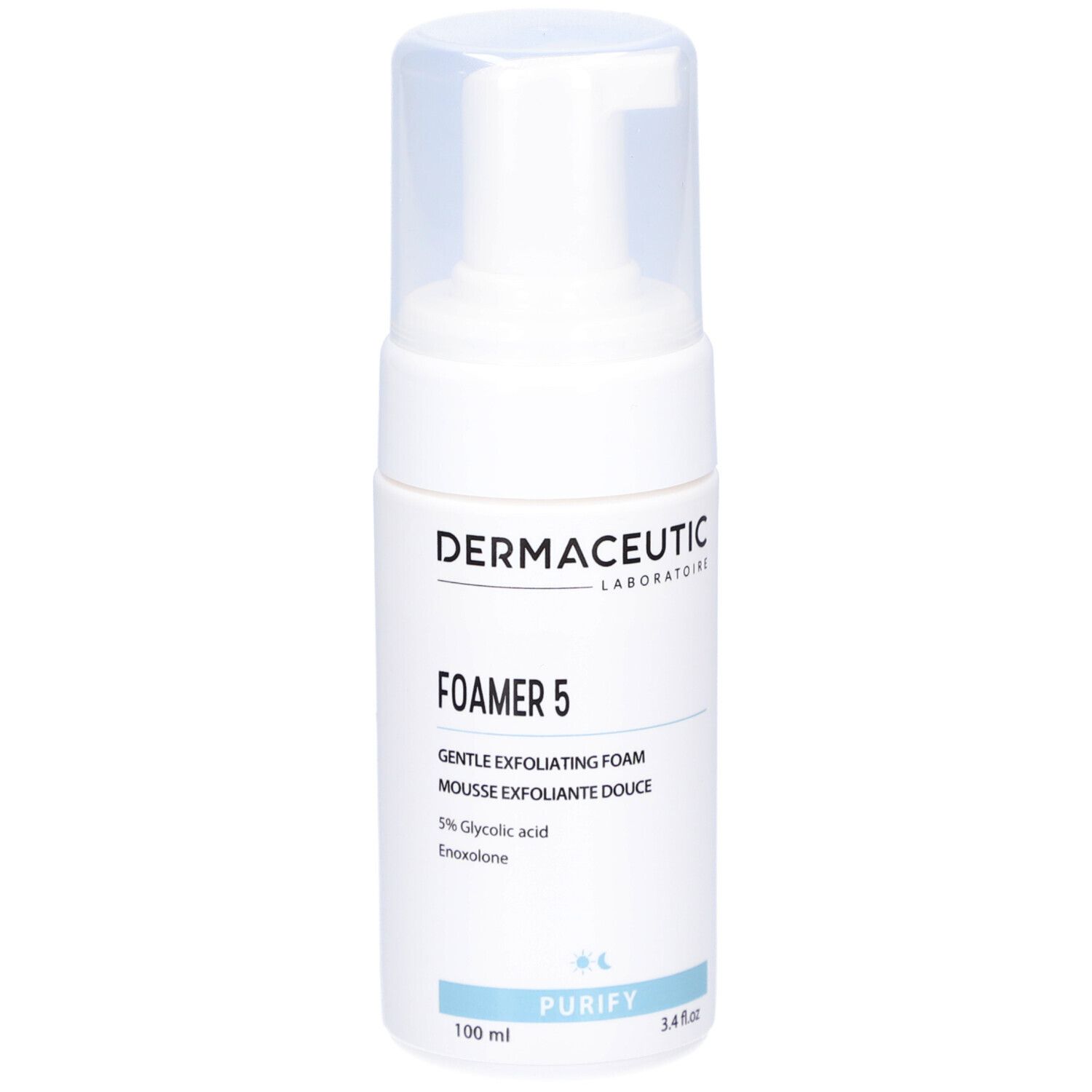 Weiße Flasche mit Reinigungsschaum. Aufschrift: Dermaceutic, Foamer 5, 5% Glykolsäure. Blaue Akzente.