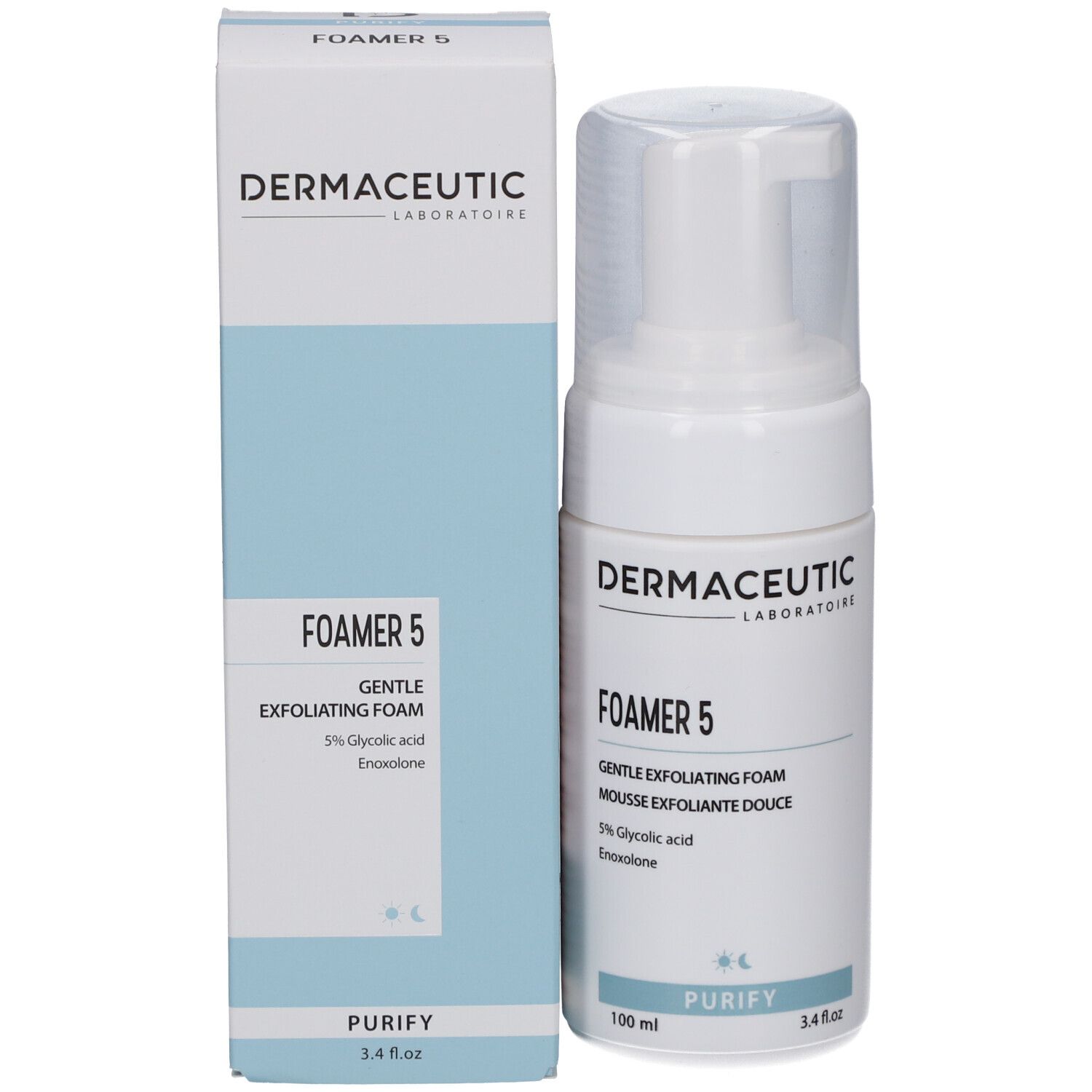 Reinigungsschaum und Verpackung. Aufschrift: Dermaceutic, Foamer 5, 5% Glykolsäure. Blaue und weiße Farben.