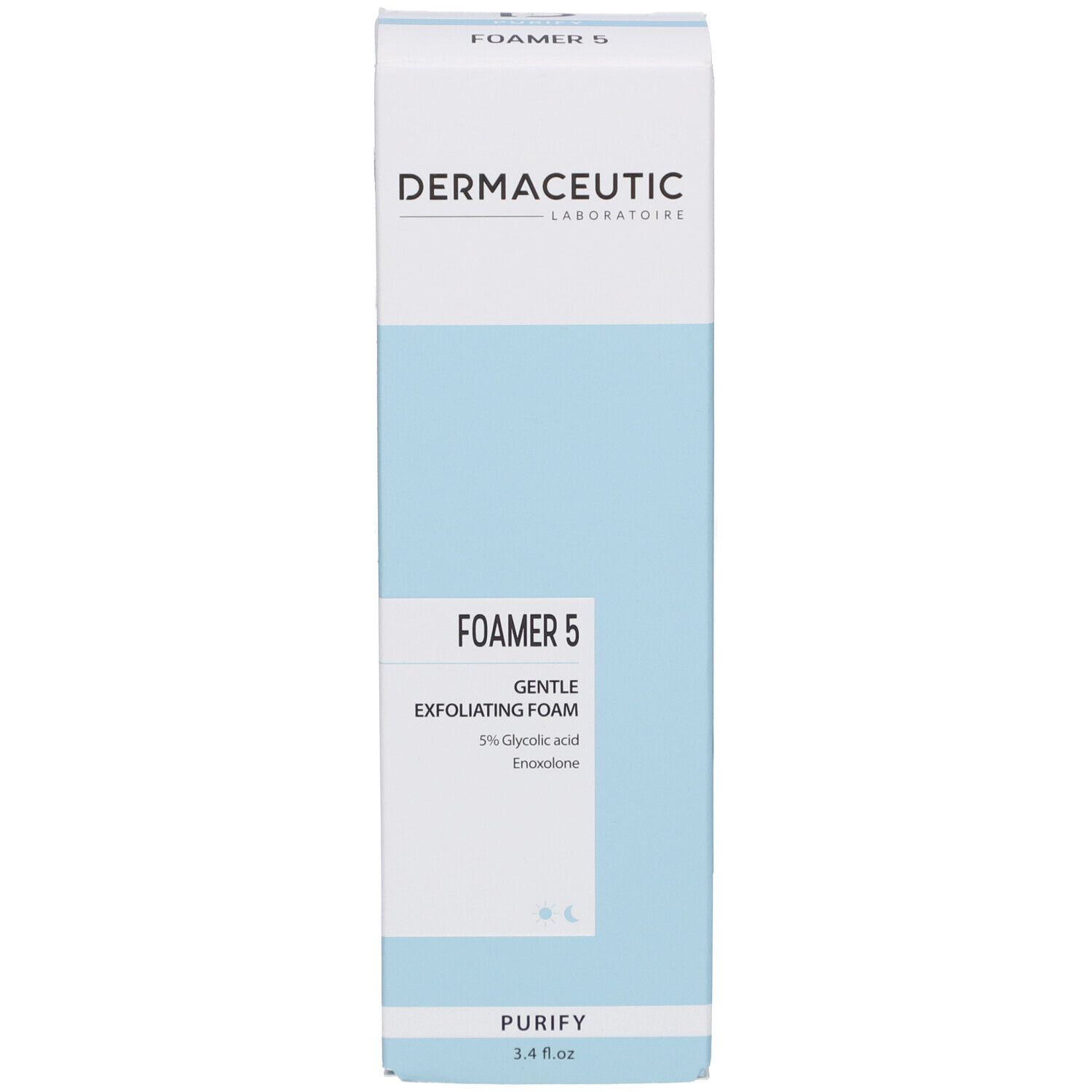 Verpackung für Reinigungsschaum. Aufschrift: Dermaceutic, Foamer 5, 5% Glykolsäure. Blaue und weiße Farben.