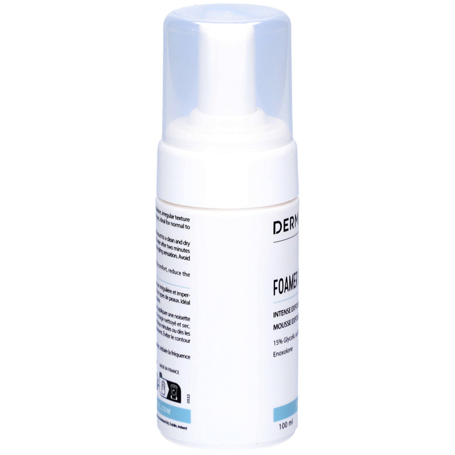 Weiße Flasche mit Pumpverschluss. Aufschrift: Dermaceutic. Text auf Englisch und Französisch. 100 ml.