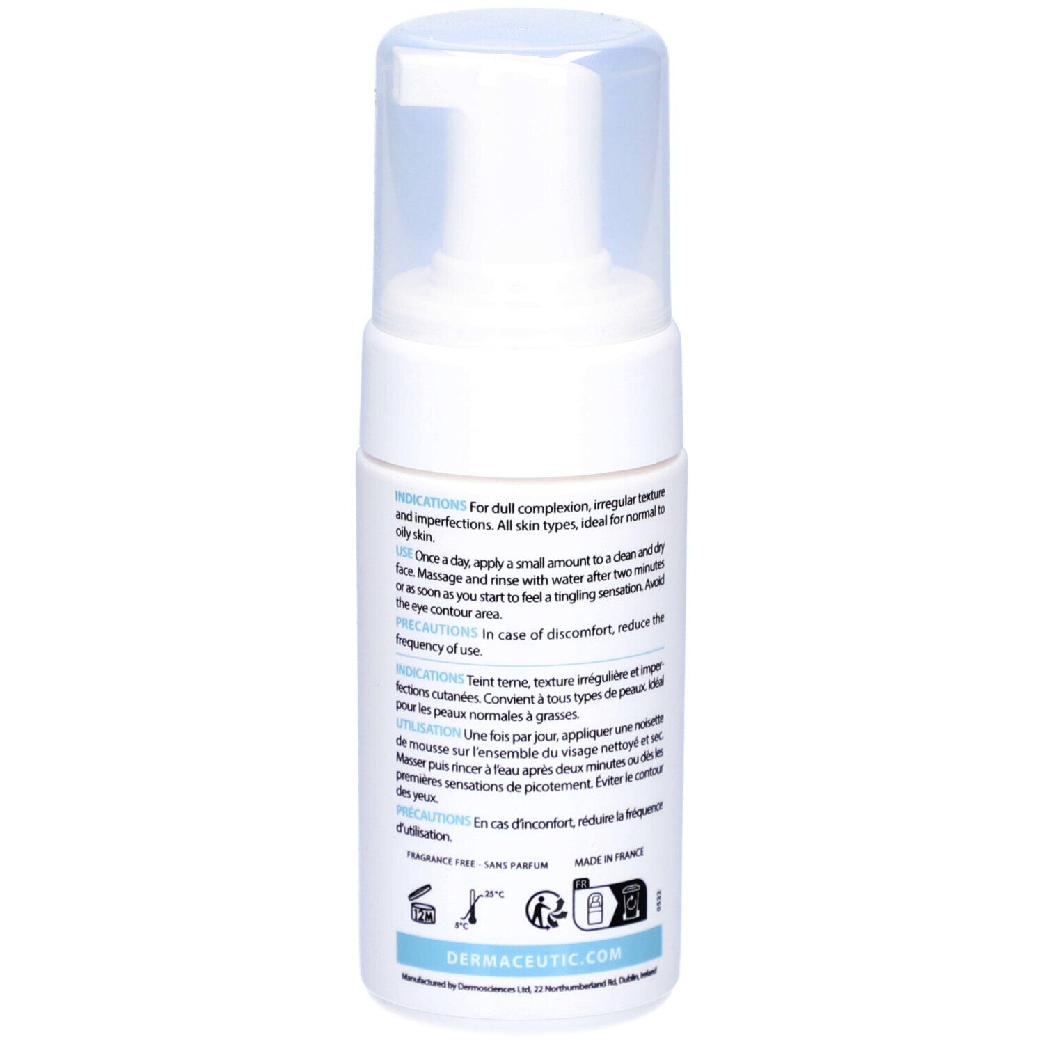 Weiße Flasche mit Pumpverschluss. Rückseite mit Text in Englisch und Französisch. Logo und Website-Adresse.