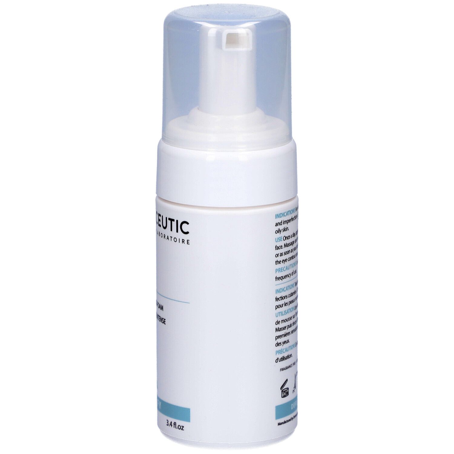 Weiße Flasche mit Pumpverschluss. Aufschrift: Dermaceutic, Foamer 15. 100 ml. Text auf Englisch und Französisch.
