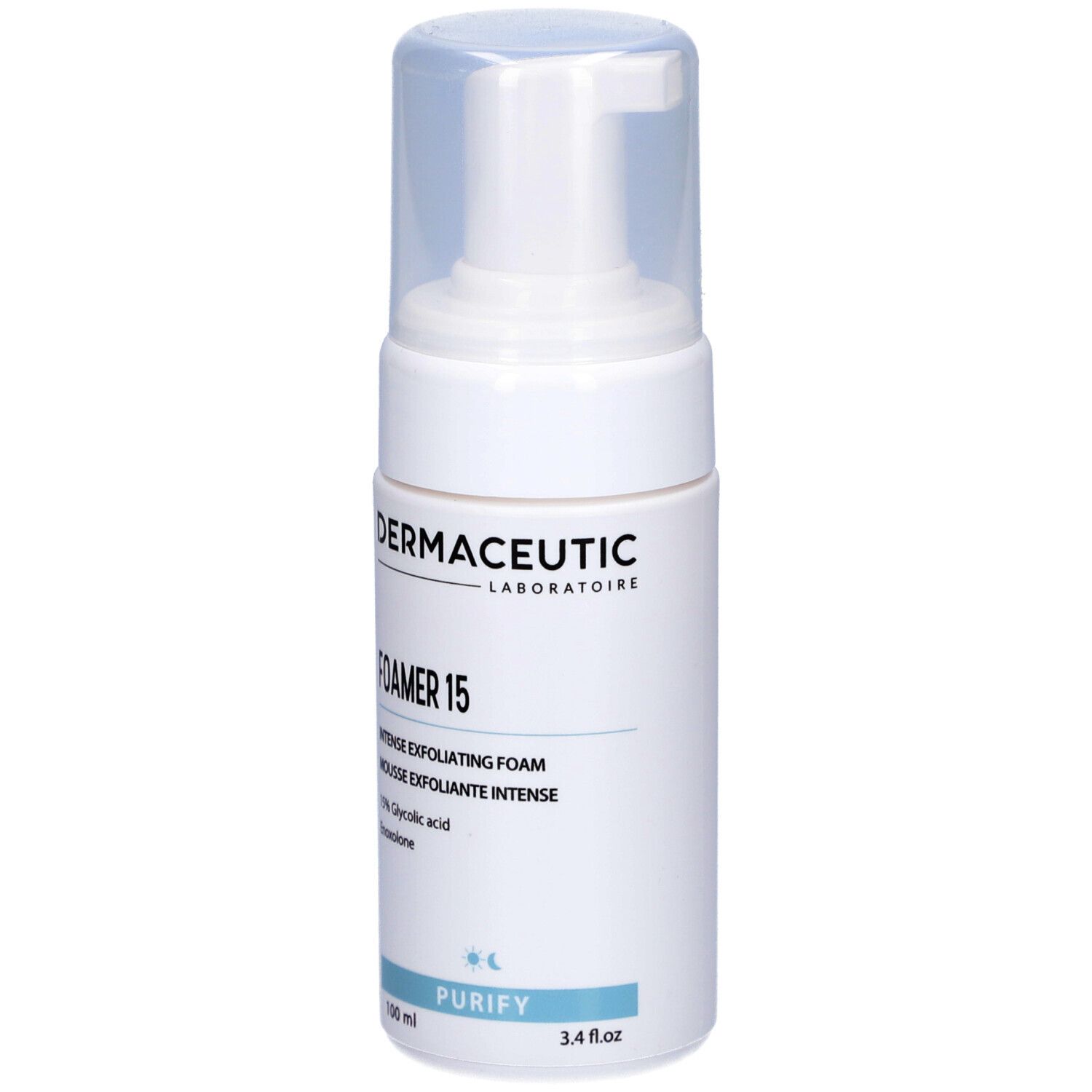 Weiße Flasche mit Pumpverschluss. Aufschrift: Dermaceutic, Foamer 15, Intense Exfoliating Foam. 100 ml.