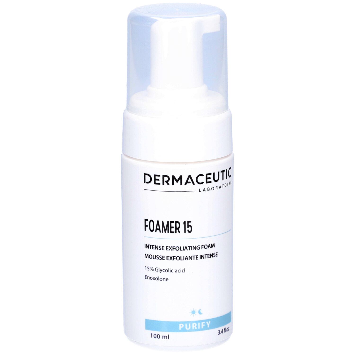 Weiße Flasche mit Pumpverschluss. Aufschrift: Dermaceutic, Foamer 15, Intense Exfoliating Foam. 100 ml.
