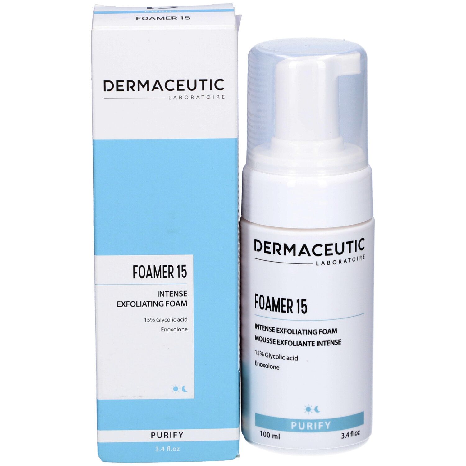 Produkt und Verpackung. Weiße Flasche mit Pumpverschluss und Karton. Aufschrift: Dermaceutic, Foamer 15.