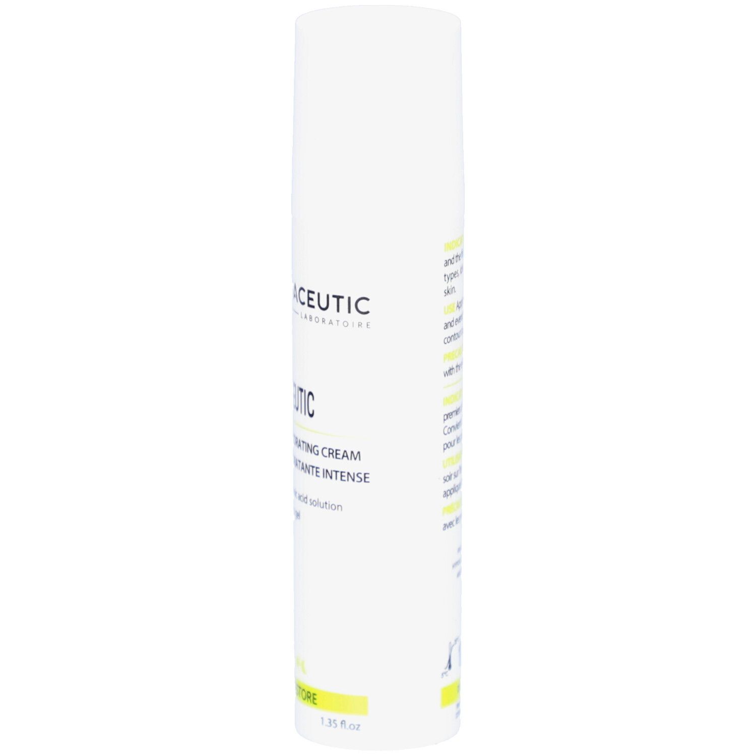 Weiße Tube mit Produktaufdruck. Schriftzug: Dermaceutic, Hyal Ceutic, Intense Hydrating Cream. Gelbe Akzente.