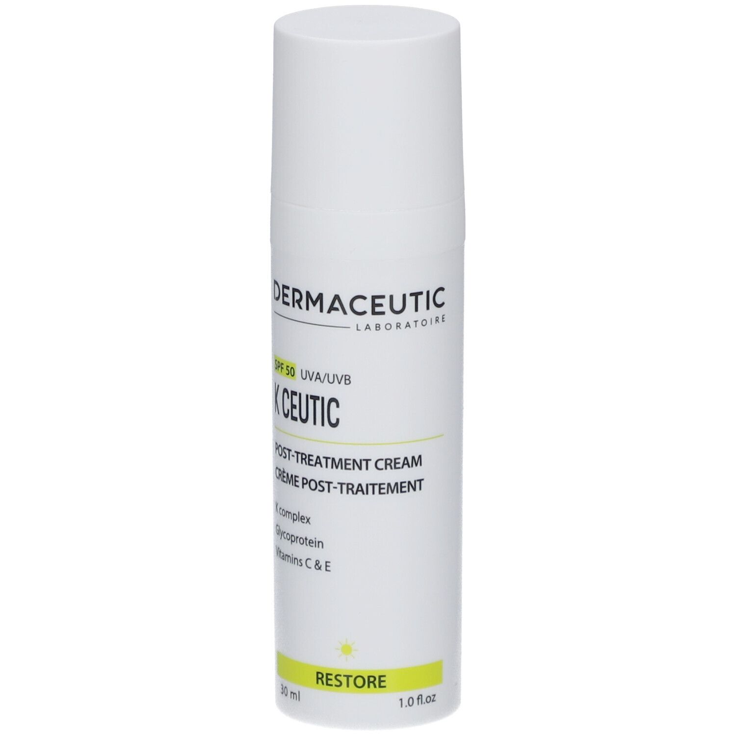 Weiße Tube mit Produktaufdruck. SPF 50, K Ceutic Creme. Marke: Dermaceutic.