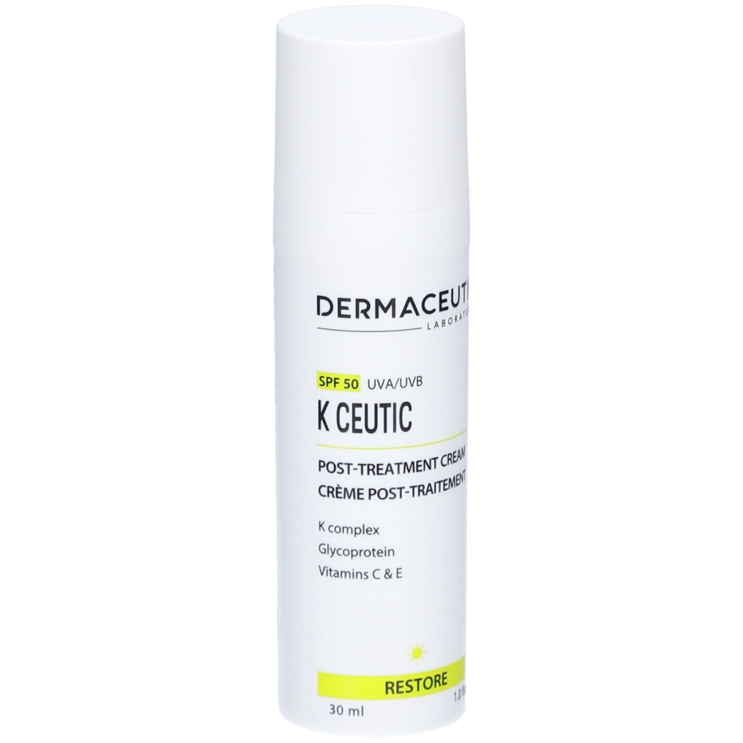 Weiße Tube mit Produktaufdruck. SPF 50, K Ceutic Creme. Marke: Dermaceutic.