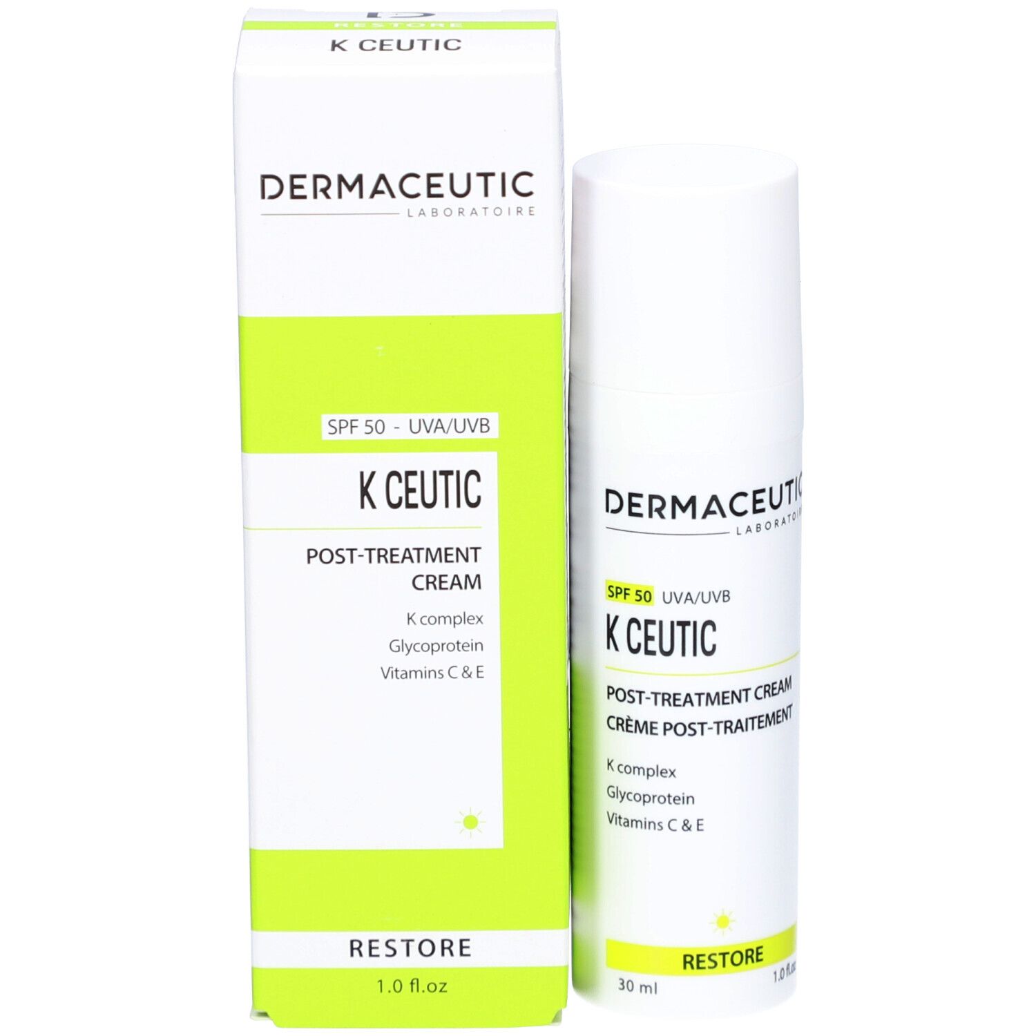Produkt und Verpackung. K Ceutic Creme. Marke: Dermaceutic. SPF 50. Grün-weiße Verpackung.