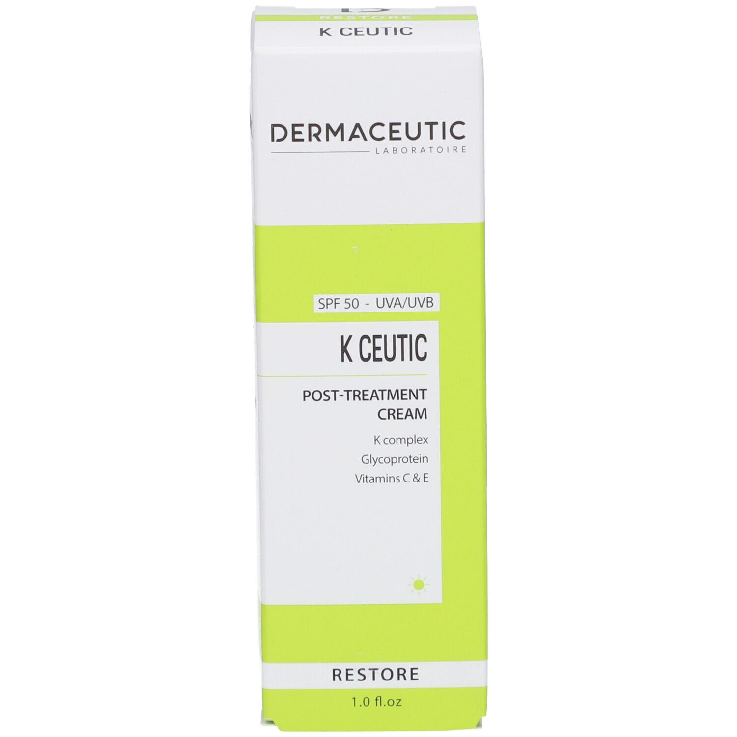 Grün-weiße Verpackung. K Ceutic Creme. Marke: Dermaceutic. SPF 50. Text aufgedruckt.
