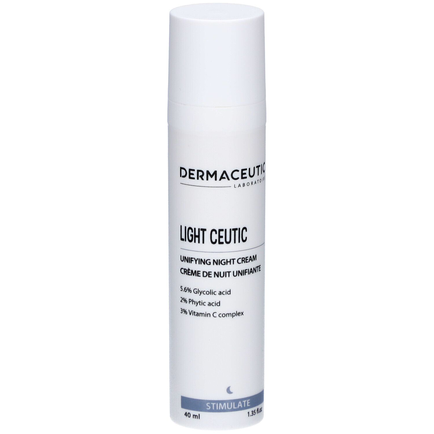 Weiße Flasche mit Produktetikett. Aufschrift: Dermaceutic, Light Ceutic, Unifying Night Cream. Enthält Glykolsäure, Phytinsäure, Vitamin C.