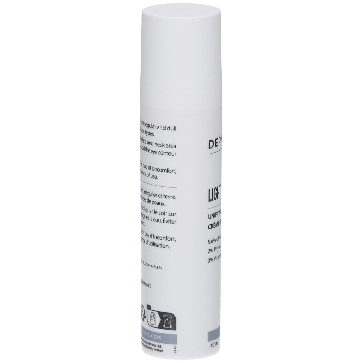 Weiße Flasche mit Produktetikett. Text: Dermaceutic, Light Ceutic. Enthält Informationen zur Anwendung und Vorsichtsmaßnahmen. Flasche mit Schraubverschluss.