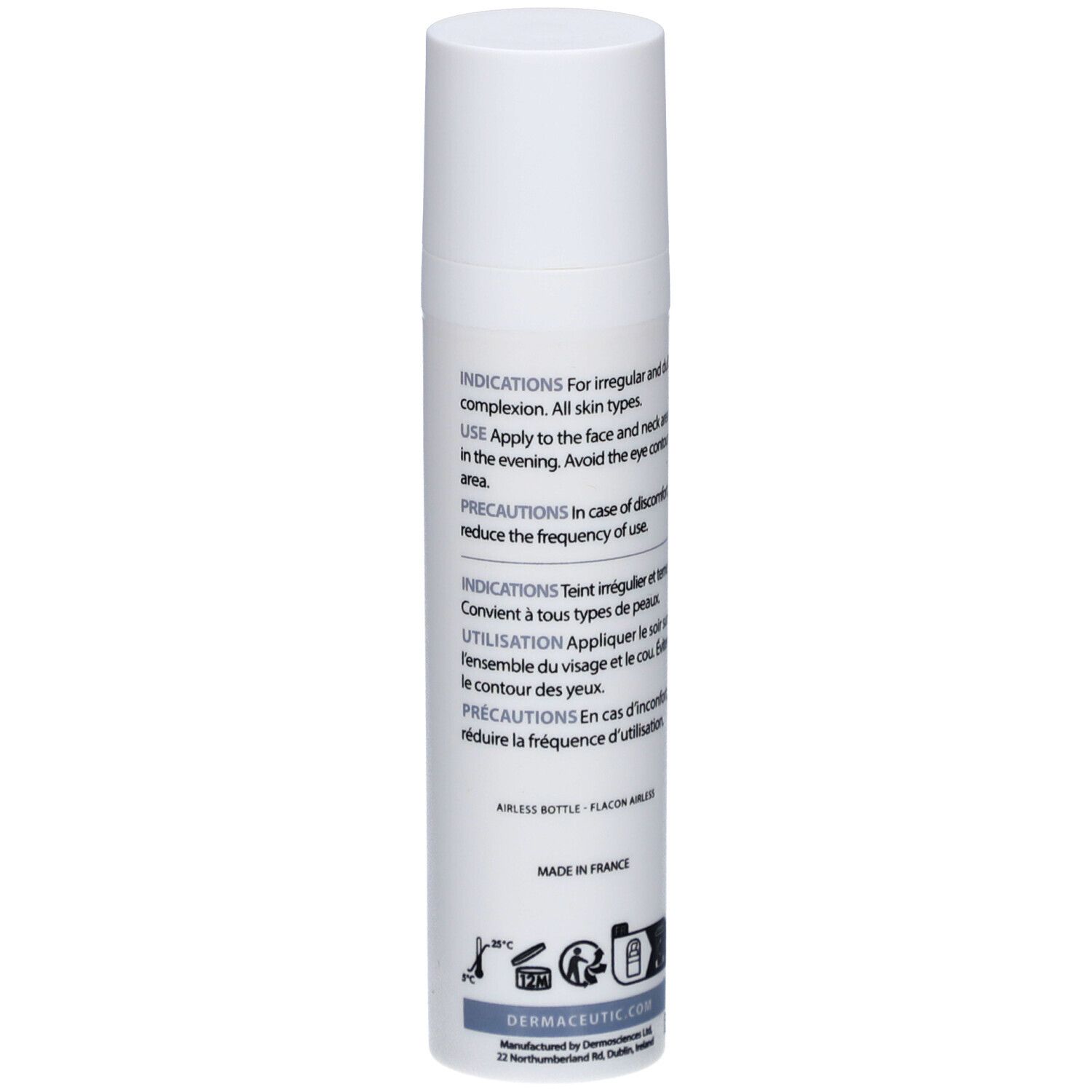 Weiße Flasche mit Produktetikett. Text: Dermaceutic, Light Ceutic. Enthält Informationen zur Anwendung und Vorsichtsmaßnahmen. Flasche mit Schraubverschluss.