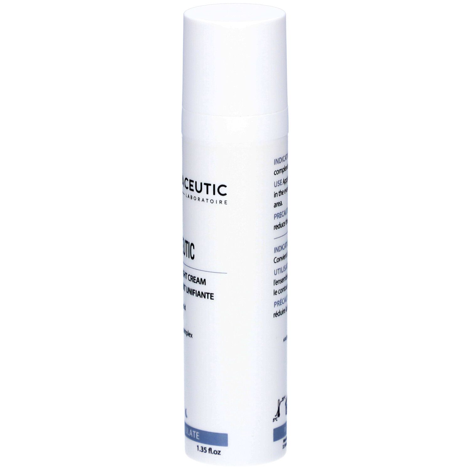 Weiße Flasche mit Produktetikett. Aufschrift: Dermaceutic, Light Ceutic, Unifying Night Cream. Enthält Glykolsäure, Phytinsäure, Vitamin C.