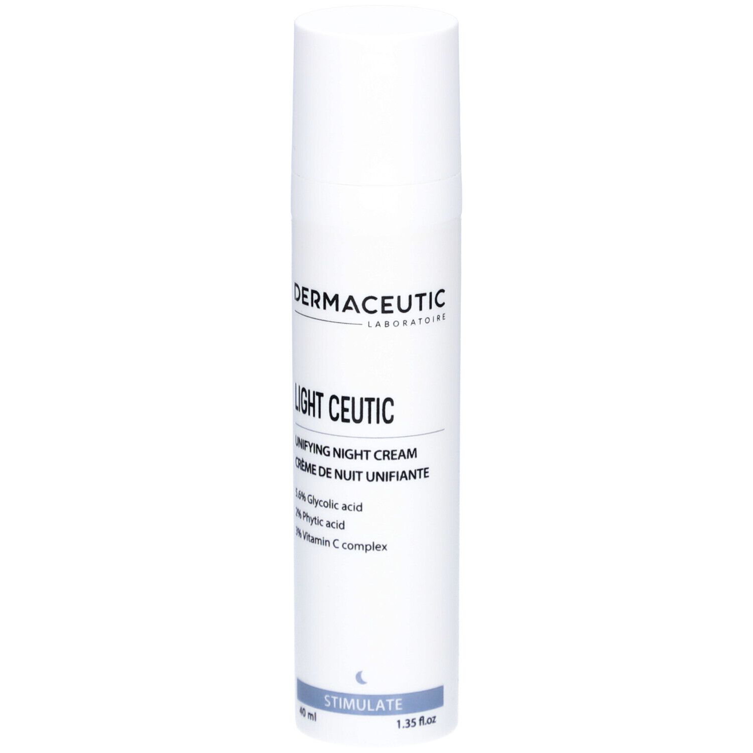 Weiße Flasche mit Produktetikett. Aufschrift: Dermaceutic, Light Ceutic, Unifying Night Cream. Enthält Glykolsäure, Phytinsäure, Vitamin C.