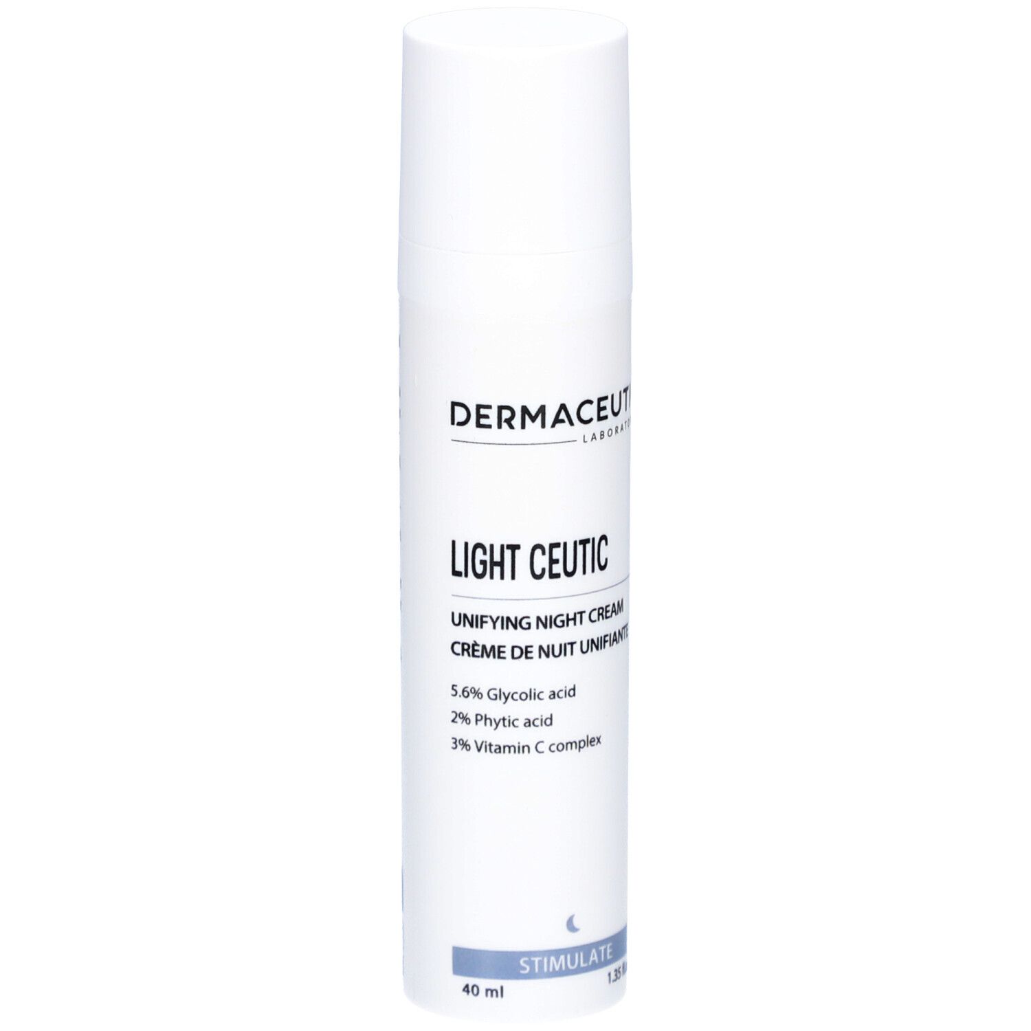 Weiße Flasche mit Produktetikett. Aufschrift: Dermaceutic, Light Ceutic, Unifying Night Cream. Enthält Glykolsäure, Phytinsäure, Vitamin C.