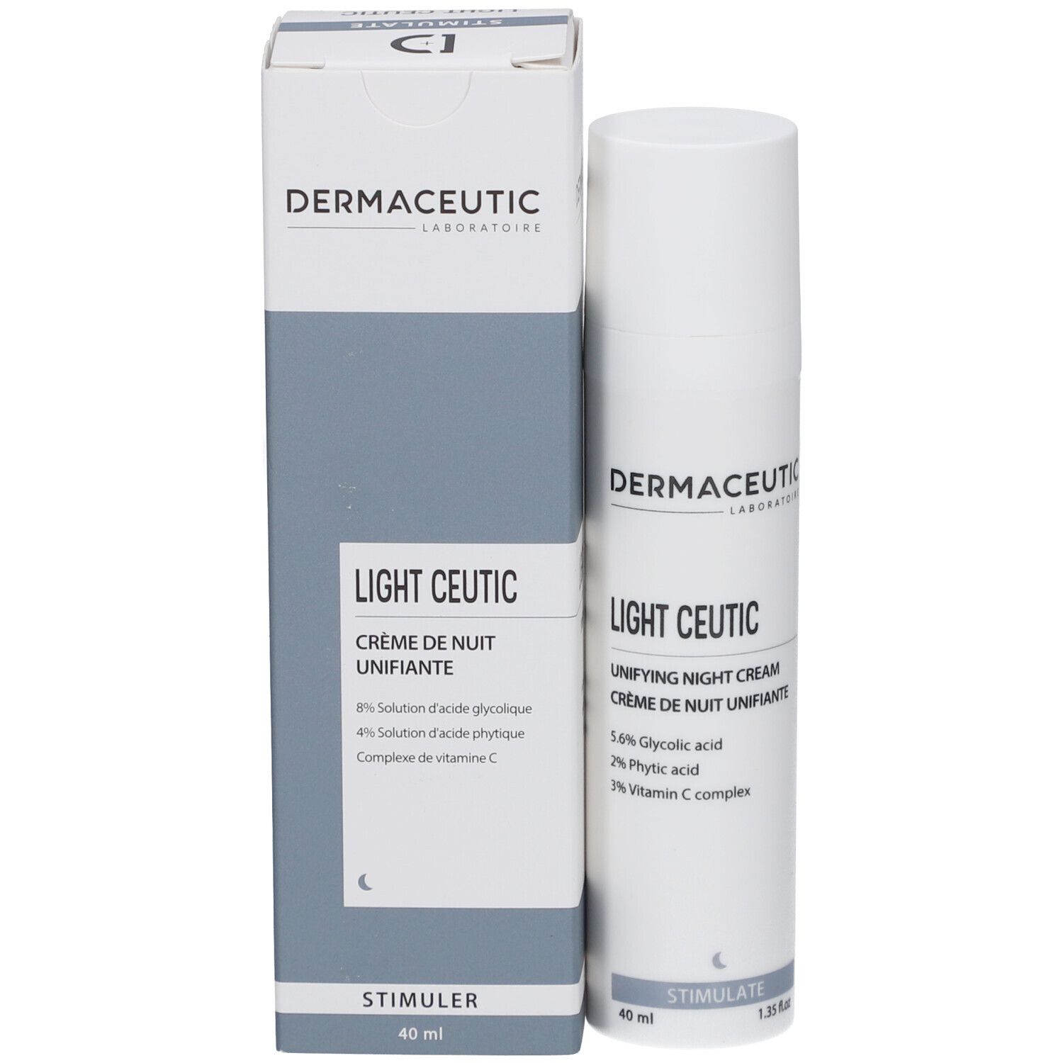 Produkt mit Verpackung. Weiße Flasche und Karton. Aufschrift: Dermaceutic, Light Ceutic, Crème de nuit unifiante. Enthält Inhaltsstoffe.