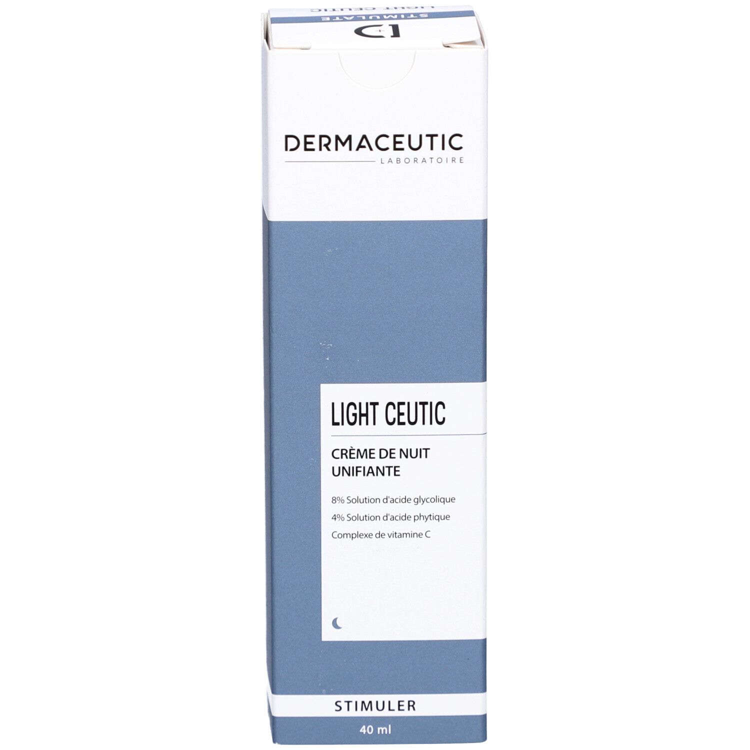 Kartonverpackung. Aufschrift: Dermaceutic, Light Ceutic, Crème de nuit unifiante. Enthält Inhaltsstoffe. Blaue und weiße Farbgebung.