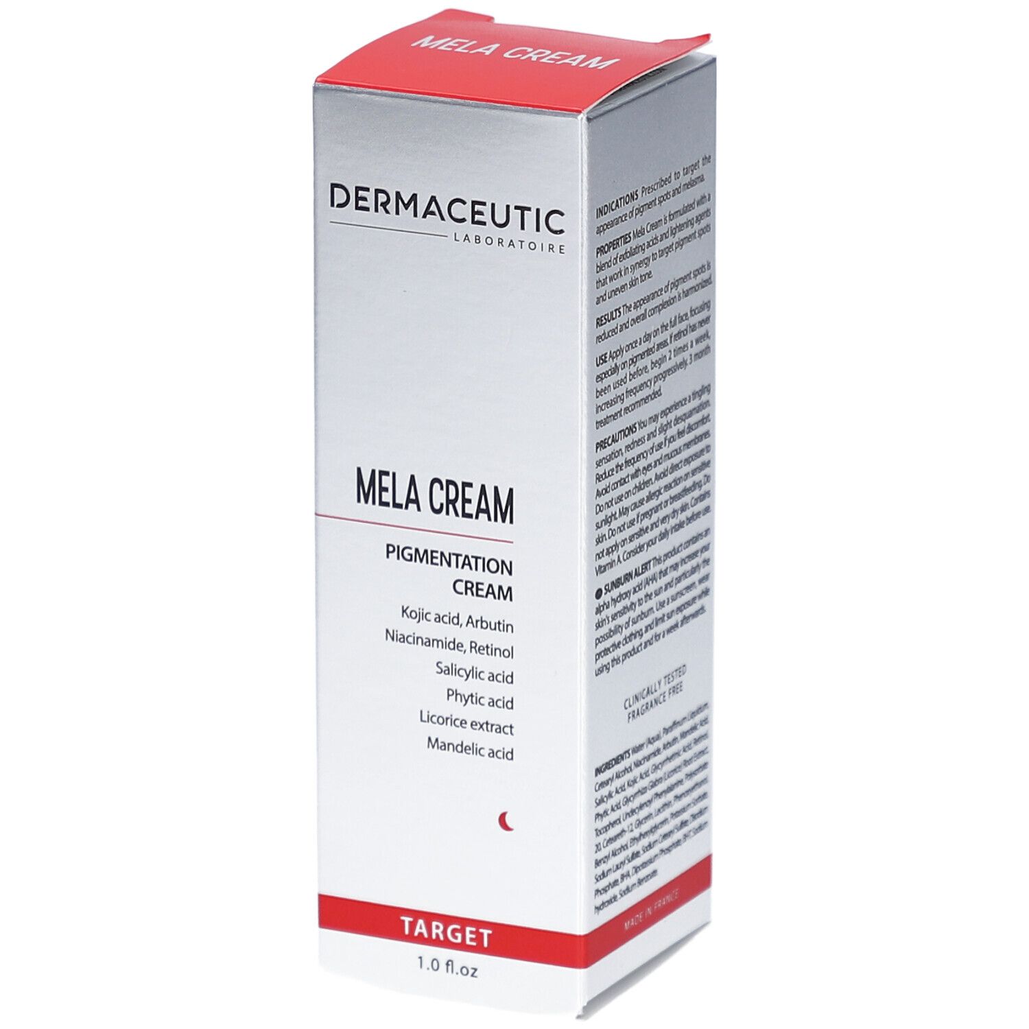 Dermaceutic Mela Cream. Weiße Tube mit weißem Deckel. Produktname und Inhaltsstoffe aufgedruckt. 30 ml.