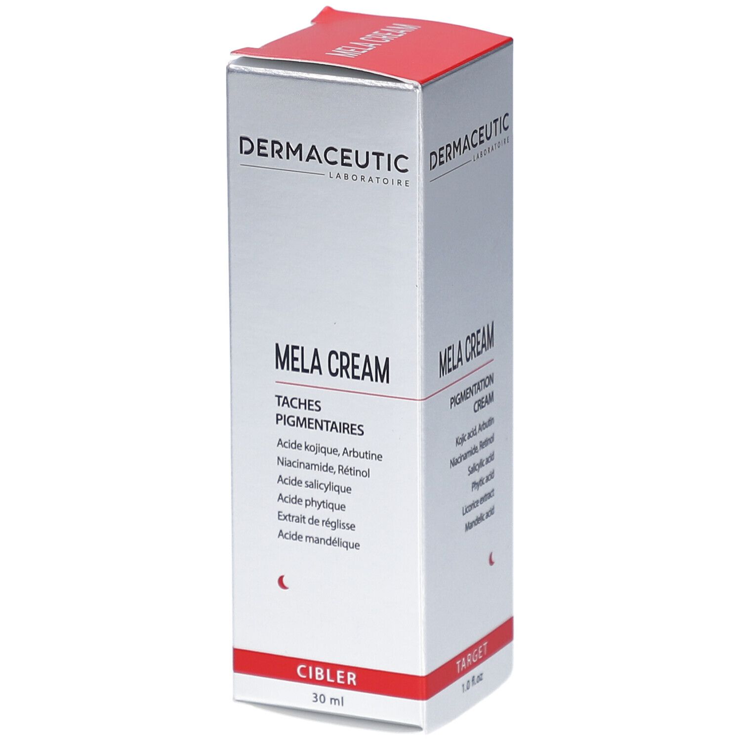 Dermaceutic Mela Cream. Schachtel mit Produktnamen und Inhaltsstoffen. Roter Akzent am Deckel. 30 ml.