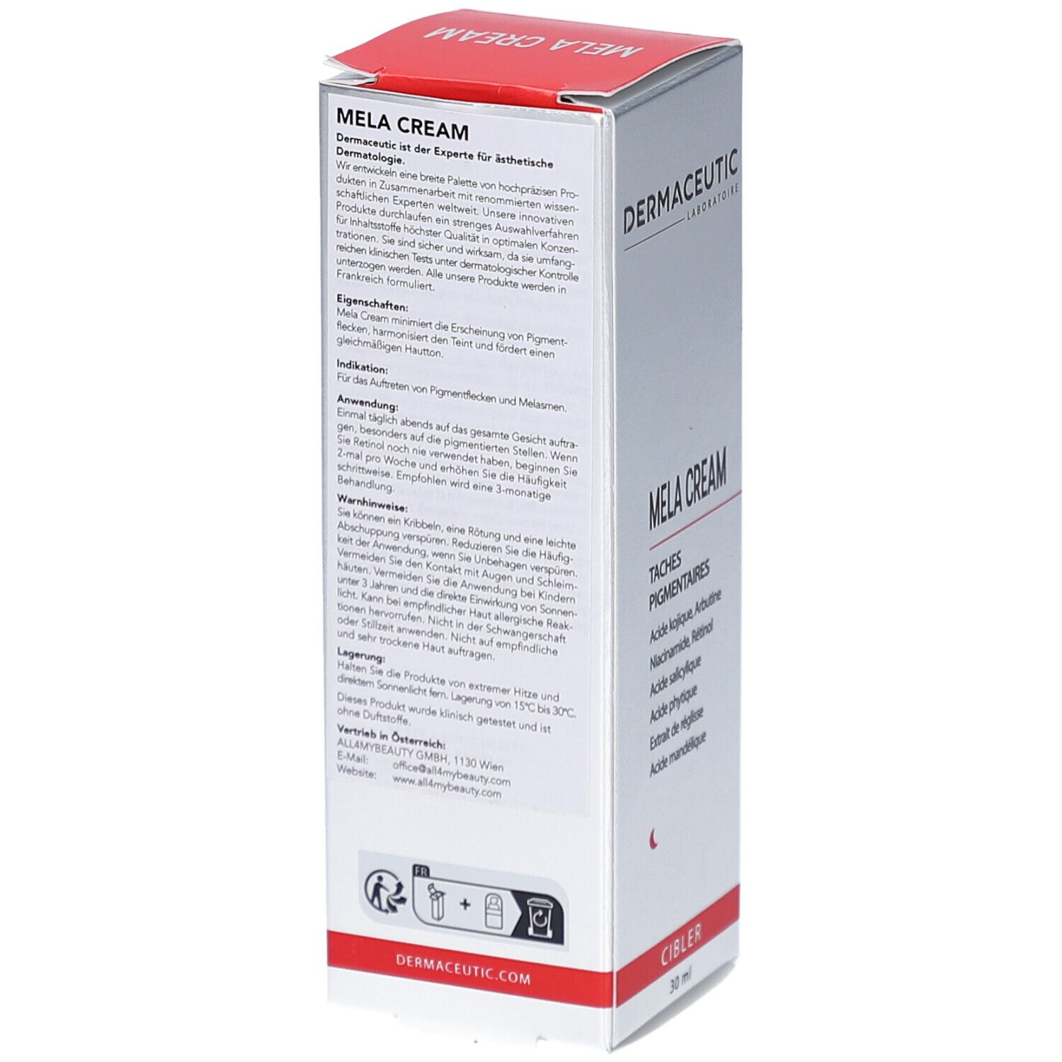 Dermaceutic Mela Cream. Produktinformationen auf der Verpackung. Text in deutscher Sprache. 30 ml.