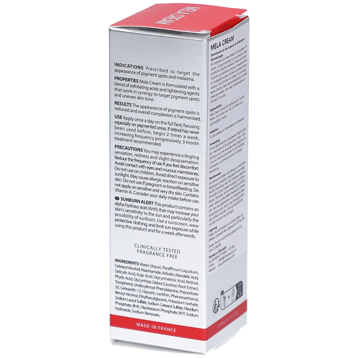 Dermaceutic Mela Cream. Produktinformationen auf der Verpackung. Text in englischer Sprache. Hergestellt in Frankreich.