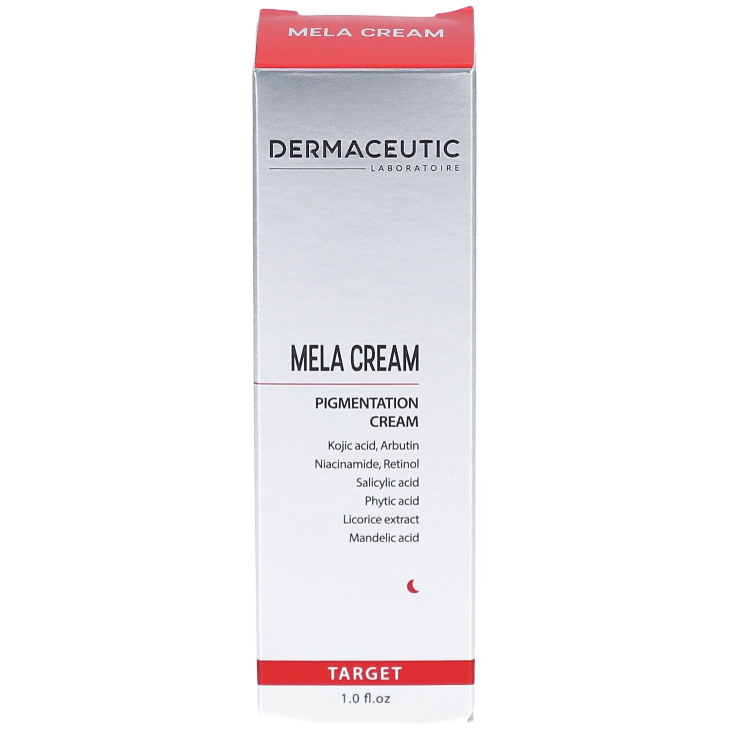 Dermaceutic Mela Cream. Schachtel mit Produktnamen und Inhaltsstoffen. Roter Akzent am Deckel. 1.0 fl.oz.