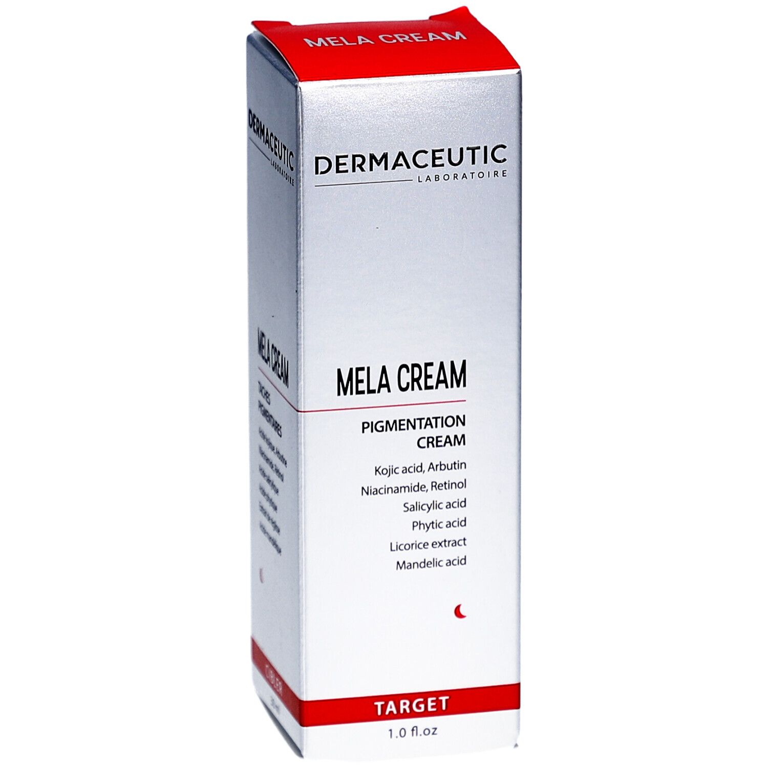 Dermaceutic Mela Cream. Schachtel mit Produktnamen und Inhaltsstoffen. Roter Akzent am Deckel. 1.0 fl.oz.