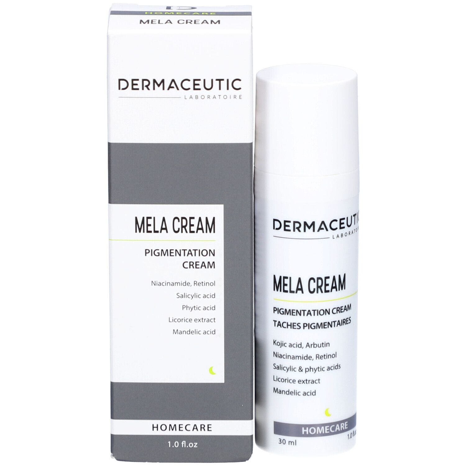 Dermaceutic Mela Cream. Tube und Schachtel nebeneinander. Produktname und Inhaltsstoffe aufgedruckt. 30 ml.
