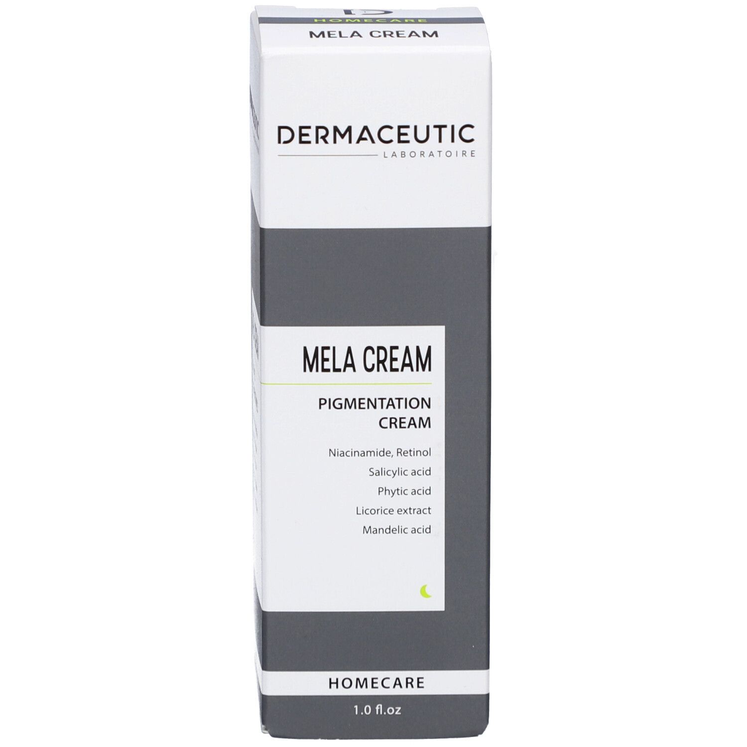Dermaceutic Mela Cream. Schachtel mit Produktnamen und Inhaltsstoffen. Homecare. 1.0 fl.oz.