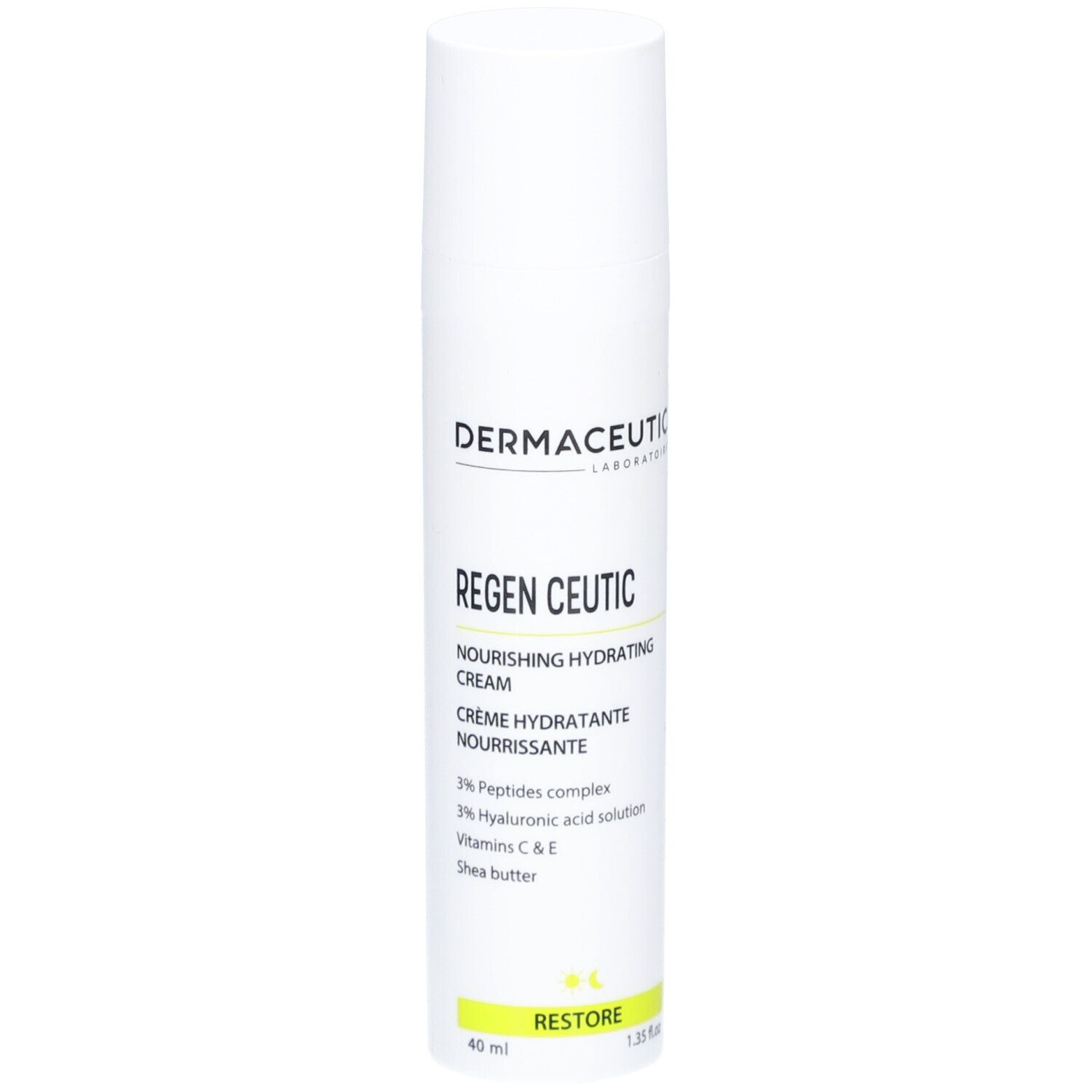 Weiße Flasche mit Creme. Aufschrift: Regen Ceutic, 3% Peptide, Hyaluronsäure, Vitamine C & E, Sheabutter. 40 ml.