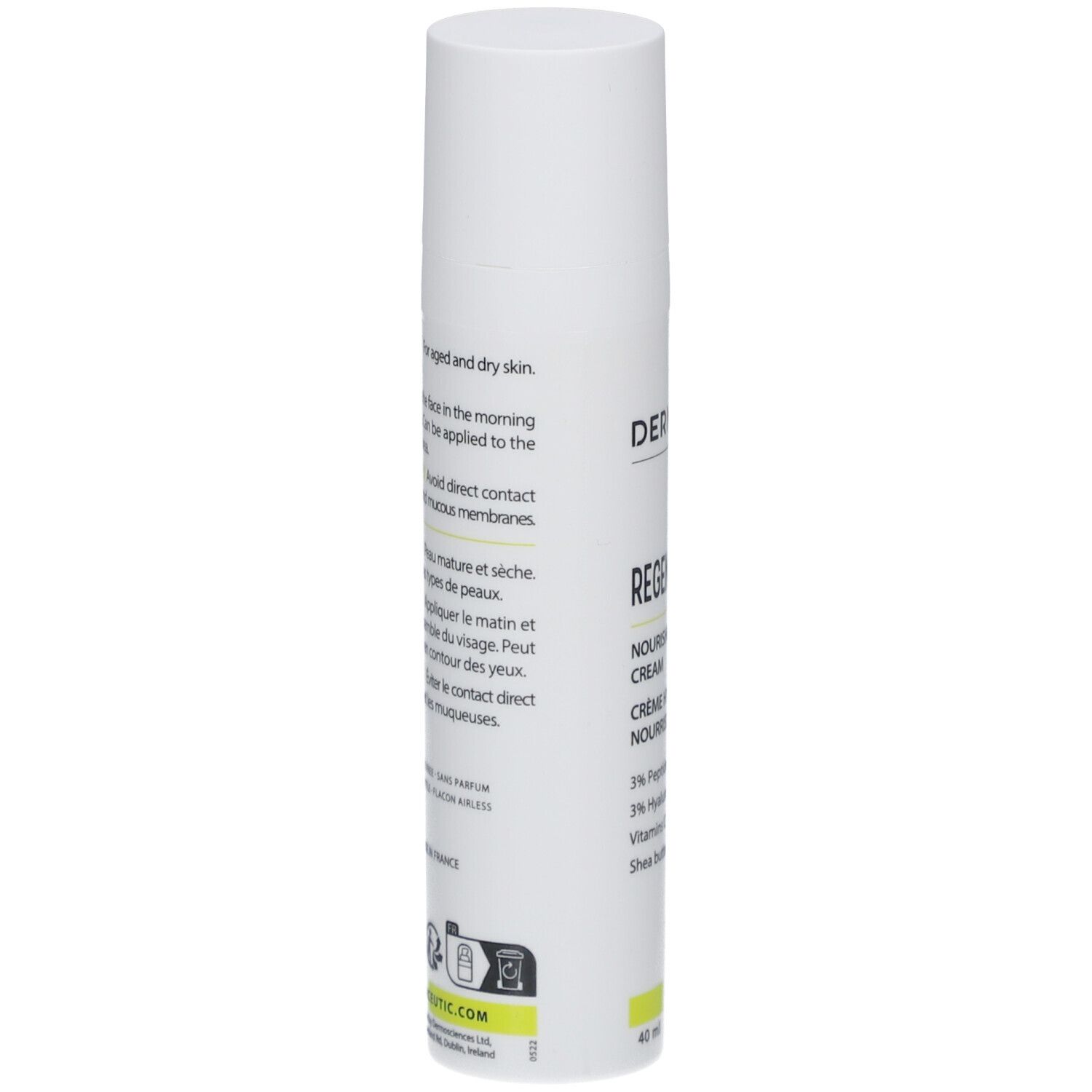 Weiße Creme-Flasche. Aufschrift: Regen Ceutic, 3% Peptide, Hyaluronsäure, Vitamine C & E, Sheabutter. Rückseite mit Text.