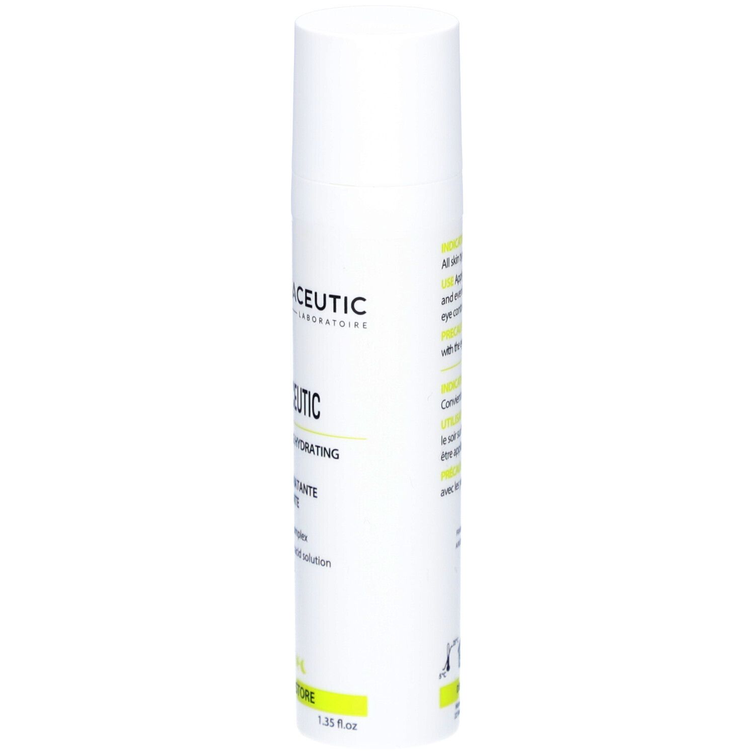 Weiße Creme-Flasche. Aufschrift: Regen Ceutic, 3% Peptide, Hyaluronsäure, Vitamine C & E, Sheabutter. Seitenansicht.