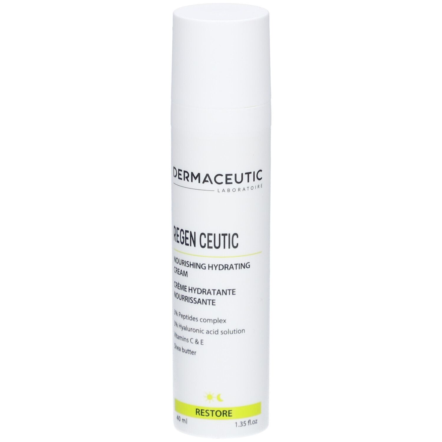 Weiße Creme-Flasche. Aufschrift: Regen Ceutic, 3% Peptide, Hyaluronsäure, Vitamine C & E, Sheabutter. Seitenansicht.