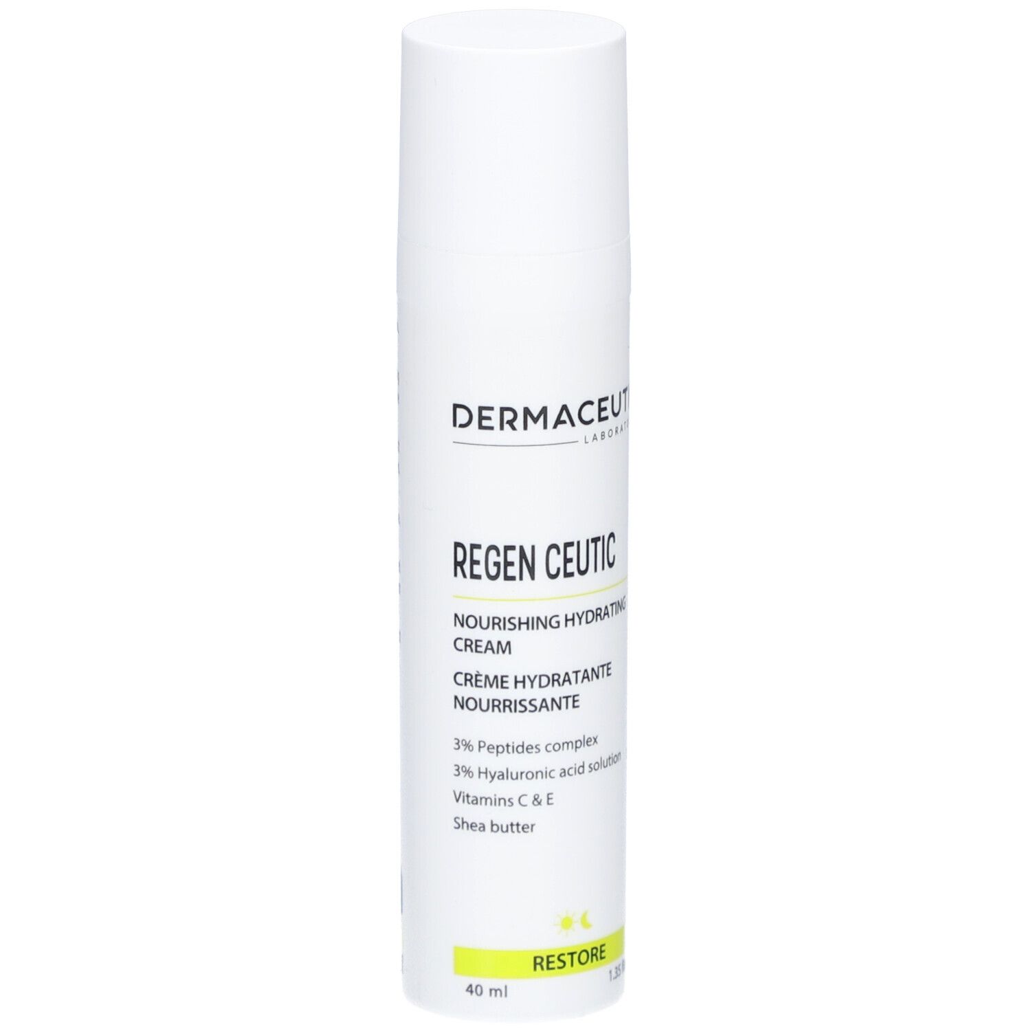 Weiße Creme-Flasche. Aufschrift: Regen Ceutic, 3% Peptide, Hyaluronsäure, Vitamine C & E, Sheabutter. Seitenansicht.