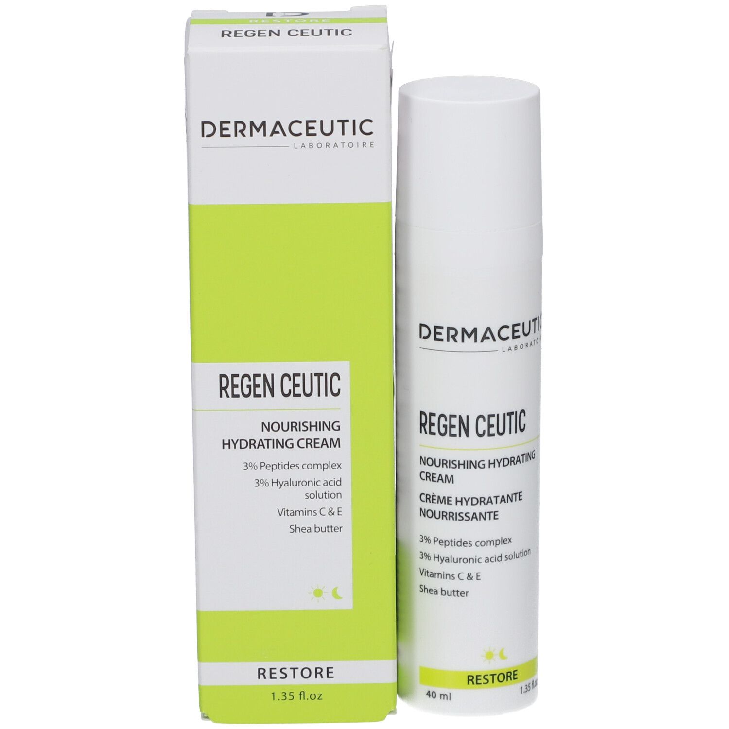 Creme-Flasche und Schachtel. Aufschrift: Regen Ceutic, 3% Peptide, Hyaluronsäure, Vitamine C & E, Sheabutter. 40 ml.