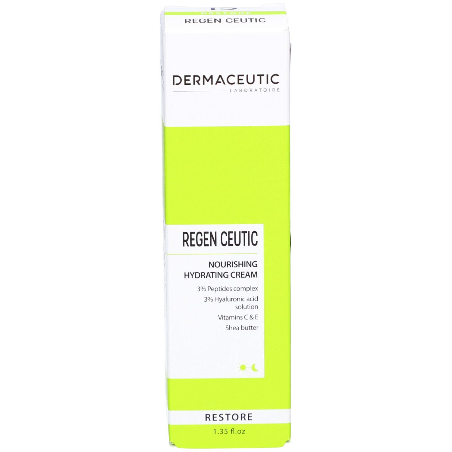 Grüne Schachtel. Aufschrift: Regen Ceutic, 3% Peptide, Hyaluronsäure, Vitamine C & E, Sheabutter. 1.35 fl.oz.