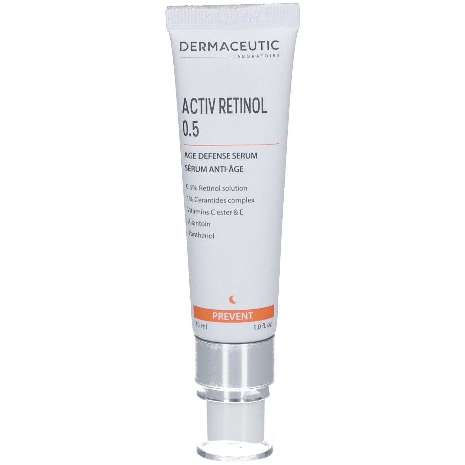Weiß-graue Tube mit silberner Kappe. Aufschrift: Activ Retinol 0.5, Age Defense Serum, Dermaceutic.