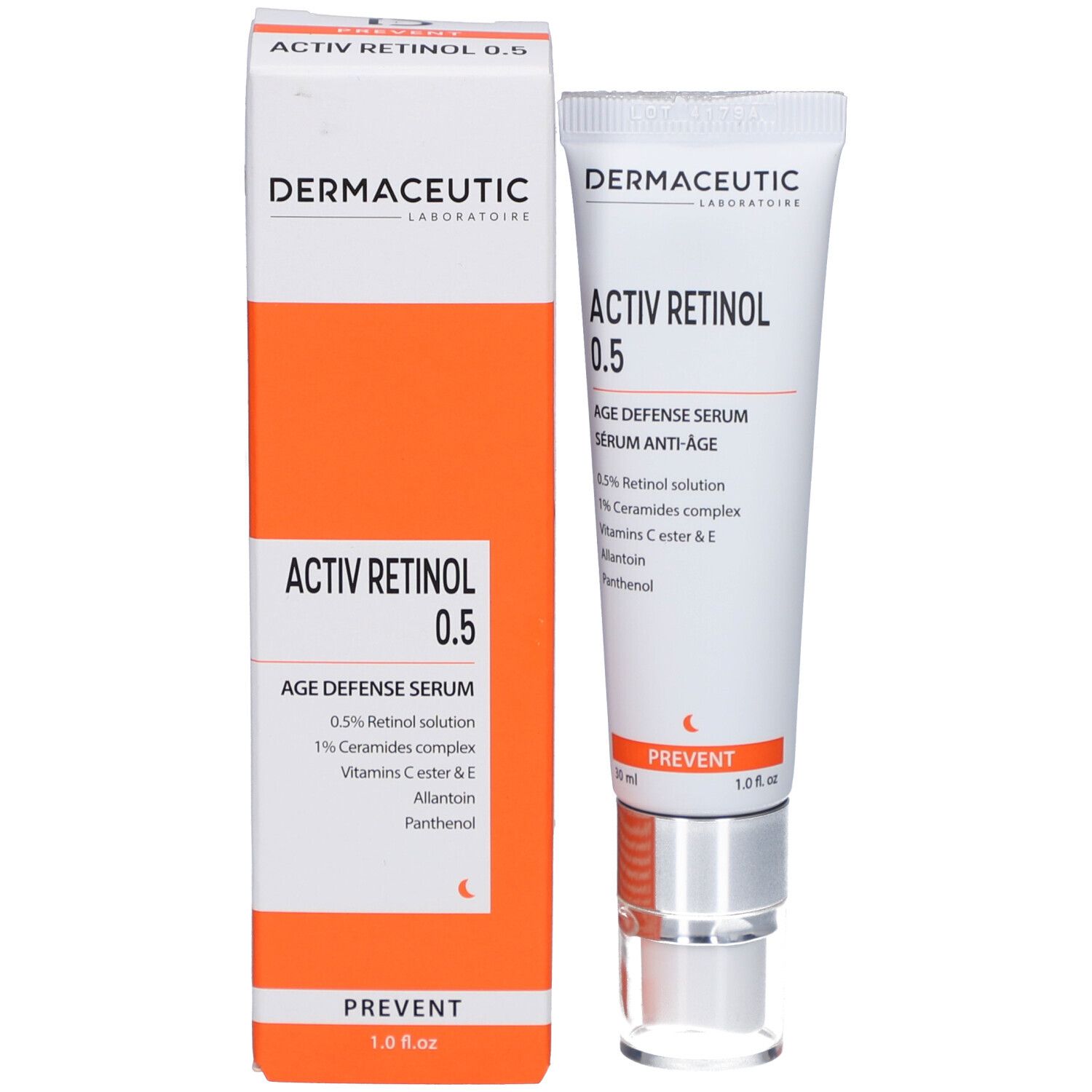 Produktverpackung und Tube. Orangefarbener Karton mit weißer Schrift. Activ Retinol 0.5, Dermaceutic.