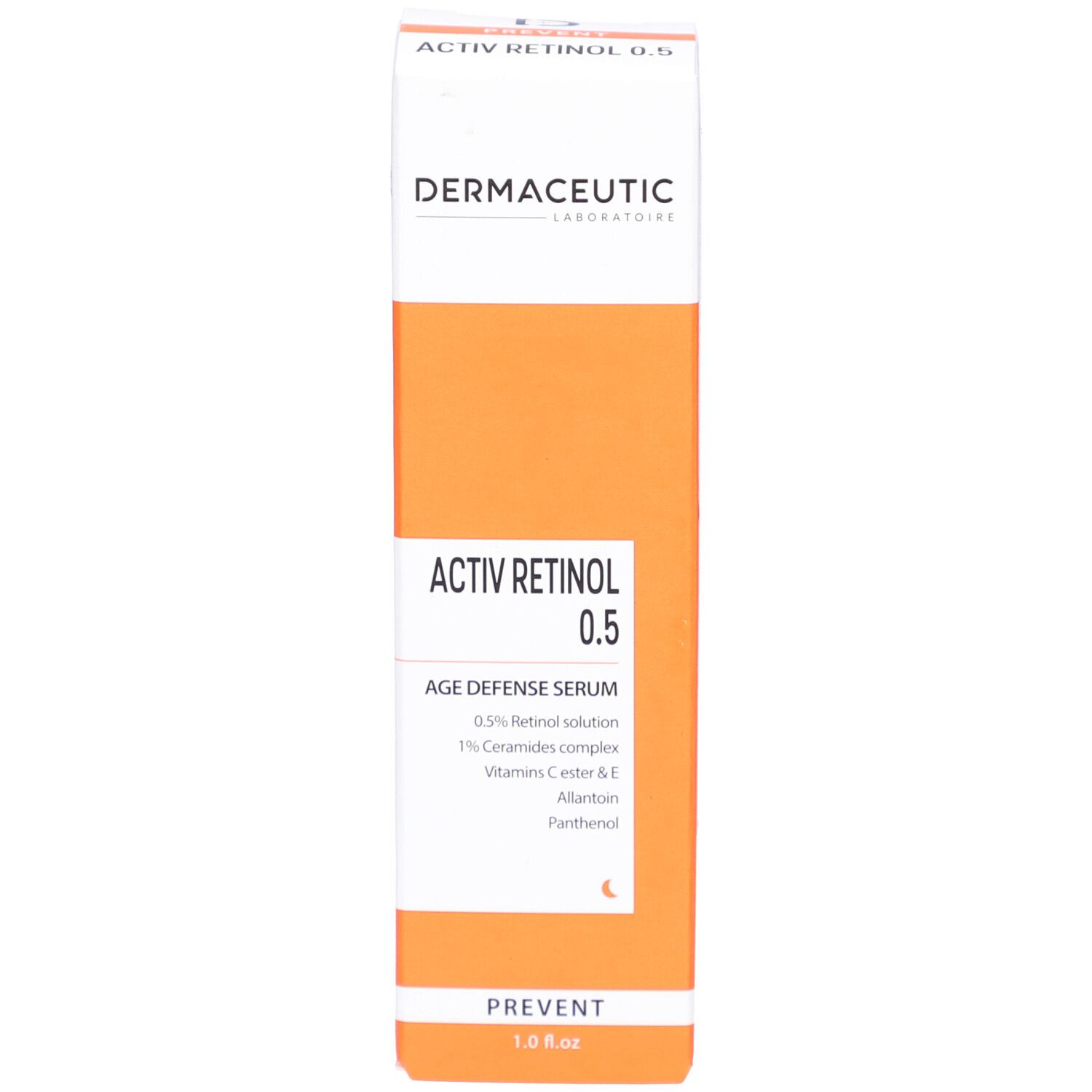 Orangefarbener Karton mit weißer Schrift. Activ Retinol 0.5, Age Defense Serum, Dermaceutic.